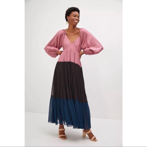 ANTHROPOLOGIE Colorblocked Maxi Dress Deep V-neck Puff Sleeved Nirmooha XS NWT - Picture 5 of 8